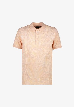 Perzikkleurig poloshirt met een bloemenpatroon, drie knopen bij de kraag, korte mouwen en een zachte stofkwaliteit.