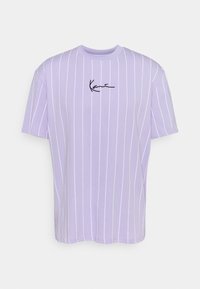 Light purple short-sleeve t-shirt featuring vertical white stripes and a black signature logo on the chest. Soft cotton material.