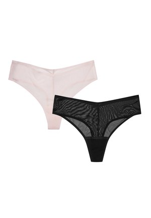 Two women's thong underwear, one sheer black and one sheer pale pink, displayed on a white background.