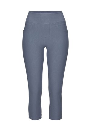 Graue Capri-Leggings mit einem breiten Bund, zwei vorderen Taschen und einer glatten, dehnbaren Textur. Entwickelt für Komfort und Flexibilität.