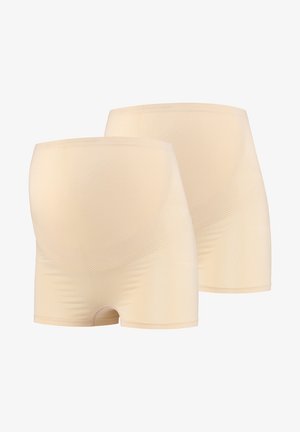 Beige Schwangerschafts-Shorts aus glattem Stoff mit einem hochgeschnittenen Design, das nahtlos aussieht, und einem geschwungenen strukturierten Bund an der Oberseite.