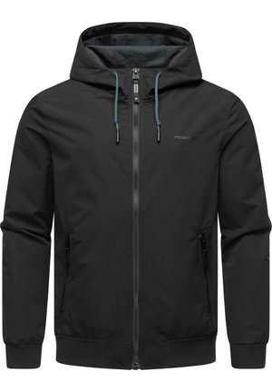 Black hooded jacket with a front zipper, side pockets, elastic cuffs, and drawstrings. Features subtle logo and smooth, matte fabric.