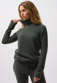 Maglione turtleneck verde scuro realizzato in morbido materiale a maglia, con maniche lunghe e un collo arrotolato accogliente. Silhouette aderente con tessuto texture.