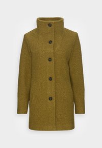 Olivgrön ullblandad kappa med hög krage, sex svarta knappar och en texturerad yta. Rakt snitt med långa ärmar.