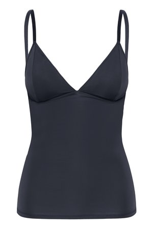 Dark gray, triangular camisole with adjustable spaghetti straps, smooth texture, and a fitted design, emphasizing a sleek silhouette.