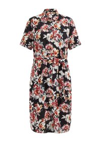 Robe florale noire à manches courtes, avec un col, une taille ceinturée et des motifs floraux colorés en rouge, blanc et vert.