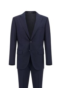 Marineblauw pak gemaakt van gestructureerde stof; heeft twee knopen, opstaande revers en twee voorzakken; getailleerde snit met een klassieke silhouet.