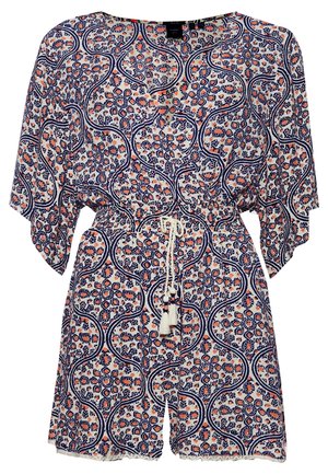 Romper w kwiatowy wzór z szerokimi krótkimi rękawami, ściągniętą talią i zapięciem na sznurek. Wykonany z lekkiego materiału w kolorach granatowym, białym i koralowym.