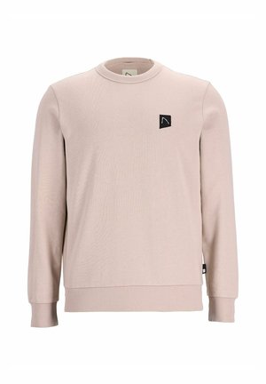 Lichtroze sweatshirt met lange mouwen, ribgebreide manchetten en zoom, met een klein zwart logo-opdruk op de borst. Soepele textuur, casual ontwerp.