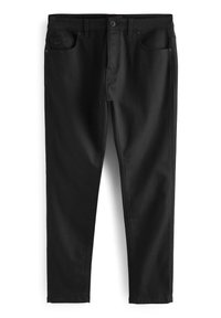 Mustat denim-housut slim fit -muodossa, joissa on viisi taskua, napin sulkeminen ja sileä texture. Ompeleet saumoissa.