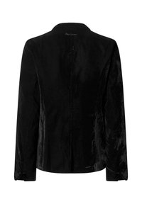 Mustast sametist pikkade varrukatega bleiser, millel on kohandatud lõige ja tagasi krae lähedal peen logomärk.