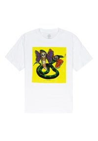 White t-shirt featuring a vibrant illustration of a snake entwined with butterfly wings on a yellow background, with detailed textures.
