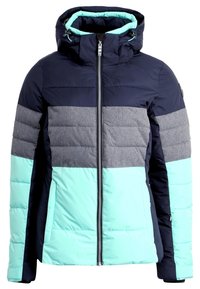 Veste d'hiver matelassée bleu marine, grise et bleu clair avec capuche et fermeture éclair centrale, conçue pour le temps froid.