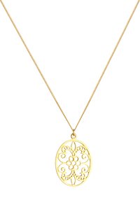Collar de diamante de oro con un intrincado diseño floral recortado en forma ovalada, suspendido de una delicada cadena.