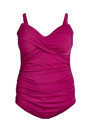 Fuksijas krāsas viengabala peldkostīms ar regulējamiem lencēm, savilkta tekstūra un glaimojošs apvalka dizains pie krūtīm. Gluds sintētisks materiāls.