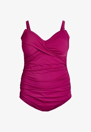 Fuksijas krāsas viengabala peldkostīms ar regulējamiem lencēm, savilkta tekstūra un glaimojošs apvalka dizains pie krūtīm. Gluds sintētisks materiāls.