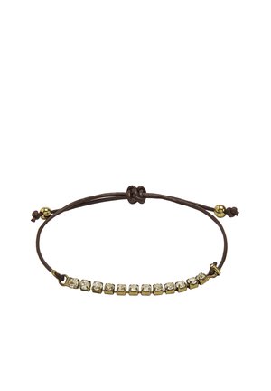 Regulowana brązowa bransoletka sznurkowa z rzędami małych złotych oprawek, z których każda trzyma przezroczysty kamień szlachetny, wykończona złotymi końcówkami z koralikami.