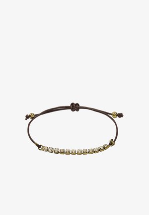 Regulowana brązowa bransoletka sznurkowa z rzędami małych złotych oprawek, z których każda trzyma przezroczysty kamień szlachetny, wykończona złotymi końcówkami z koralikami.