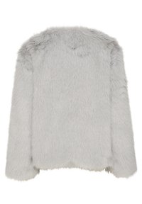 Giacca in pelliccia sintetica grigia con una texture morbida e pelosa, caratterizzata da maniche lunghe e un taglio dritto, che mostra una finitura liscia e uniforme.