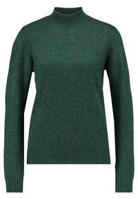 Dark green knit sweater with a high, ribbed collar and long sleeves. Features ribbed cuffs and hem, smooth texture with a subtle heathered pattern.