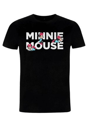 Zwart katoenen T-shirt met de tekst "MINNIE MOUSE" in het wit en kleurrijke illustraties van Minnie Mouse in verschillende poses.
