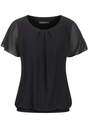 Bluză neagră cu mâneci scurte transparente, decolteu rotund și detalii plise în față. Material moale cu o croială lejeră în talie.