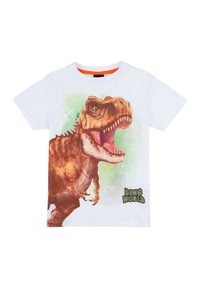 Maglietta bianca in cotone con una grande grafica di un T-Rex che ruggisce, con accenti di vernice verde e il testo "DINO WORLD" in una scritta colorata.