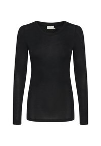 Black fitted long-sleeve crew neck top with a plain design, displayed flat with no visible patterns or embellishments.