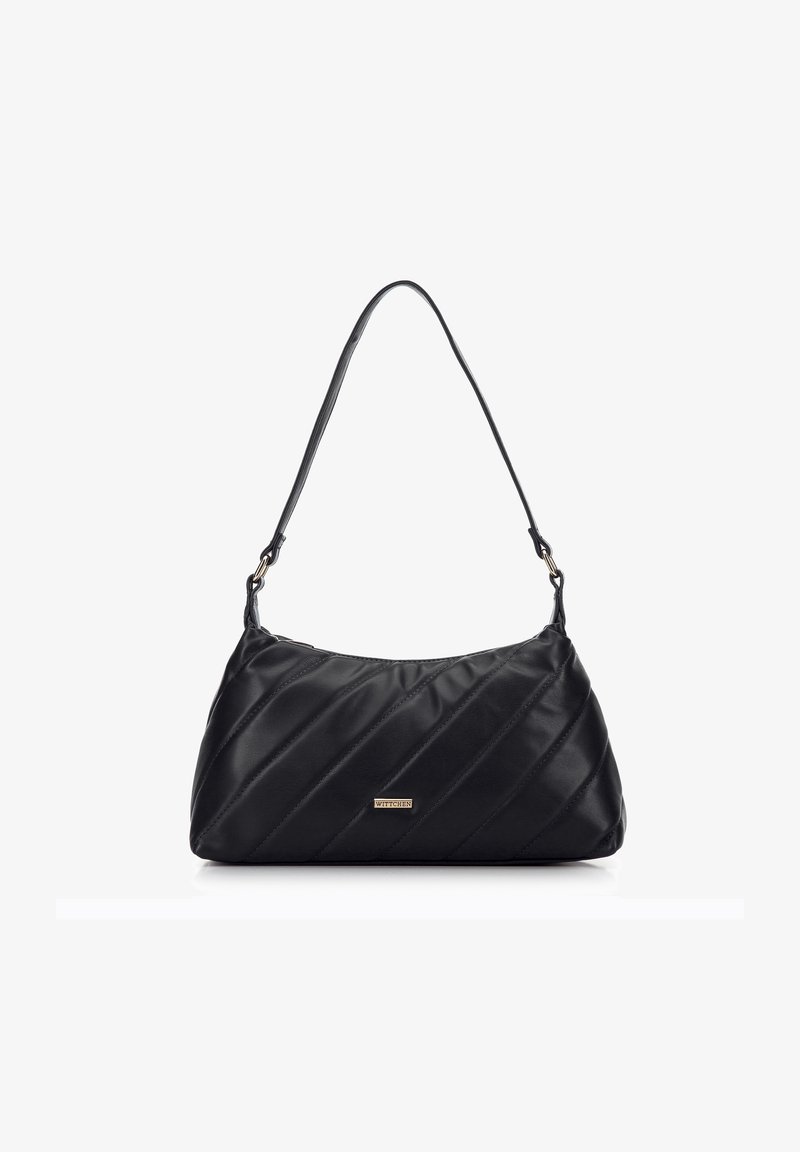 Musta nahkainen käsilaukku, jossa on vinosti tikattu muotoilu, lyhyt olkahihna ja kultasävytteinen logo-etusetissä. Sileä pinta.