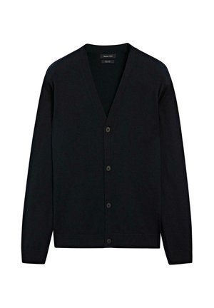 Schwarze Strickjacke mit V-Ausschnitt, ausgestattet mit sechs Knöpfen, gerippten Bündchen und Saum. Hergestellt aus weichem, glattem Stoff mit einheitlicher Textur.
