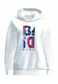 Sudadera blanca con un gran gráfico multicolor que presenta las letras "BLND" y "BADU". Confeccionada con una tela de textura suave. Incluye un bolsillo en la parte frontal.