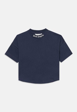 T-shirt court bleu marine à manches courtes avec col rond et texte ""Palm Angels"" à l'intérieur du col.