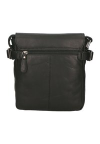 Borsa a tracolla in pelle nera con superficie testurizzata, chiusura superiore con zip, tracolla regolabile e tasca anteriore con zip. Forma quadrata.