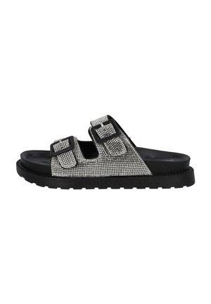 Sort slidesandal med tyk sål, to justerbare remme prydet med glitrende rhinsten og sorte spænder.