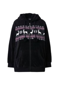 Sort hætte zip-up fleece med hjorte- og snefnug mønstre i hvid og pink, prydet med pom-pom detaljer og to frontlommer.