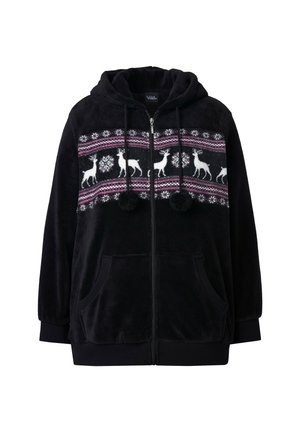 Sudadera con capucha negra de cremallera, con patrones de ciervos y copos de nieve en blanco y rosa, que presenta detalles de pompones y dos bolsillos frontales.