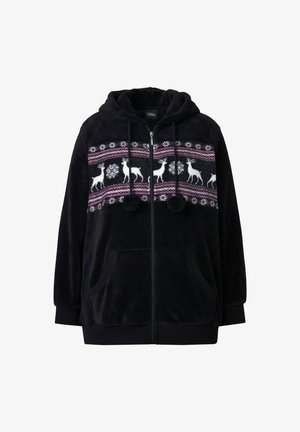 Black hooded zip-up fleece with deer and snowflake patterns in white and pink, featuring pom-pom accents and two front pockets.