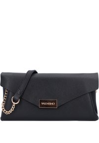 Black leather clutch with an envelope shape, featuring a gold-tone hardware accent, chain strap, and a logo plaque on the front.