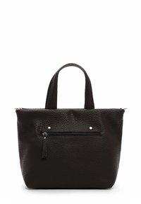 Schwarze Tote-Tasche aus strukturiertem Leder mit zwei oberen Tragegriffen, Reißverschluss und einer äußeren Reißverschlusstasche. Verziert mit dekorativen silbernen Nieten.