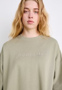 Gaiši olīvzaļš oversized džemperis ar ribotu kaklu, kam priekšā ir iegriezts "adidas" logo un trīszaru emblēma.
