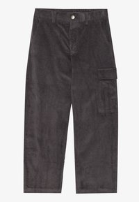 Dark gray wide-leg corduroy pants with front pockets, belt loops, a button closure, and a flap cargo pocket on the right thigh.
