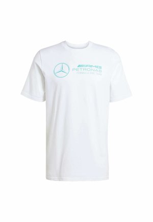 Witte katoenen t-shirt met een lichtblauw gedrukt logo met de tekst "AMG PETRONAS" en "FORMULA ONE TEAM". Korte mouwen, ronde hals ontwerp.