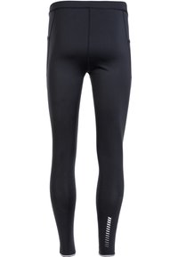 Schwarze Leggings mit glatter Textur, die eng anliegen, mit kontrastierenden Nähten und einem reflektierenden Streifen in der Nähe des Knöchels.