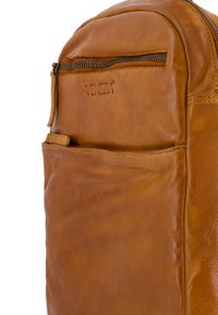 Hnědý kožený batoh s hladkým povrchem, vybavený přední kapsou na zip a vyraženým logem značky. Elegantní a strukturovaný design.