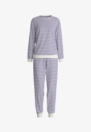 Lange mouwen gestreepte paars-witte top met bijpassende gestreepte broek, voorzien van witte boorden en tailleband.