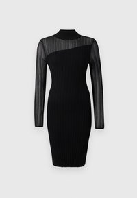 Black ribbed dress with long sheer sleeves and a high neckline, featuring a fitted shape and knee-length hem.