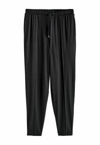 Schwarze, schmal zulaufende Hose aus glattem Stoff mit einem elastischen Bund und Kordelzug, am Knöchel umgeschlagen.