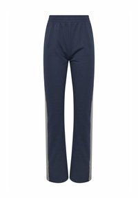 Marineblauwe sweatpants van lichte stof, met contrasterende grijze zijkanten en een elastische tailleband voor comfort.