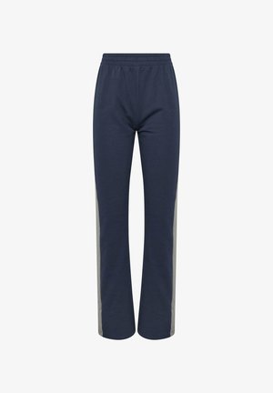 Marineblauwe sweatpants van lichte stof, met contrasterende grijze zijkanten en een elastische tailleband voor comfort.