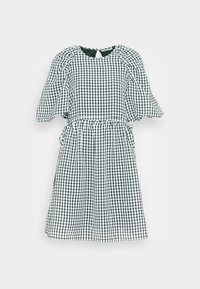 Vestido xadrez verde e branco, com mangas curtas e bufantes, cintura franzida, comprimento até ao joelho, com detalhe de abertura nas costas e tecido texturizado.